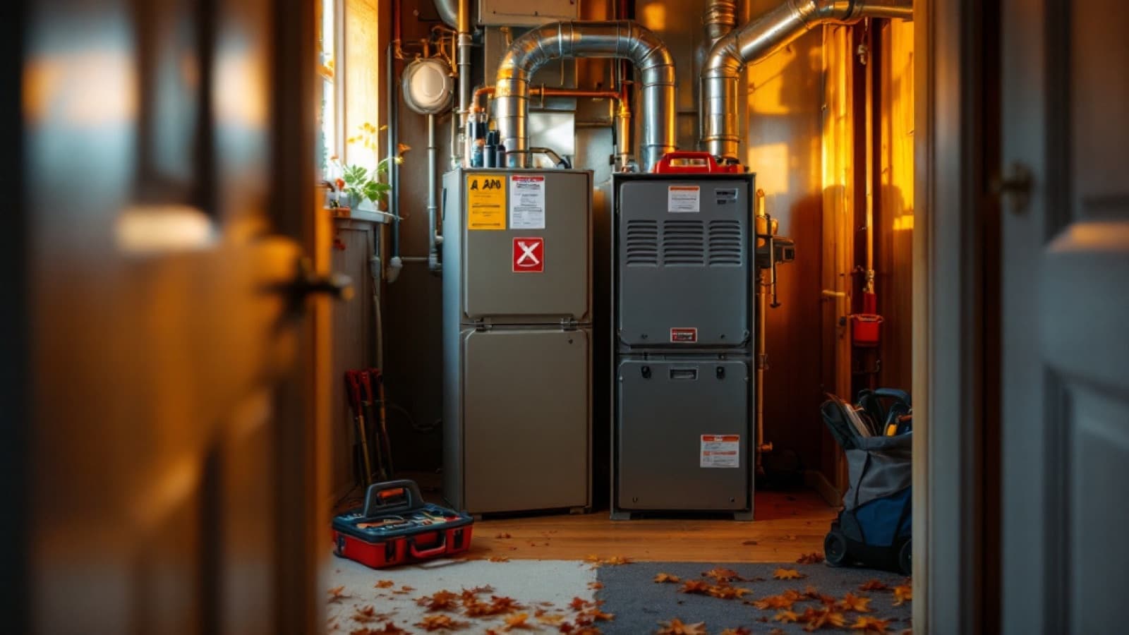 A residential furnace in a home utility area, illustrating fall HVAC maintenance season in the Tri-Cities