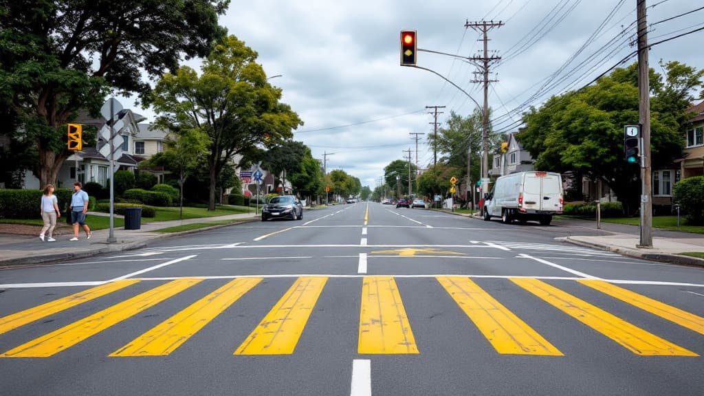 A street crossing with a rectangular rapid flashing beacon sign, similar to the safety upgrades planned for four Pasco intersections