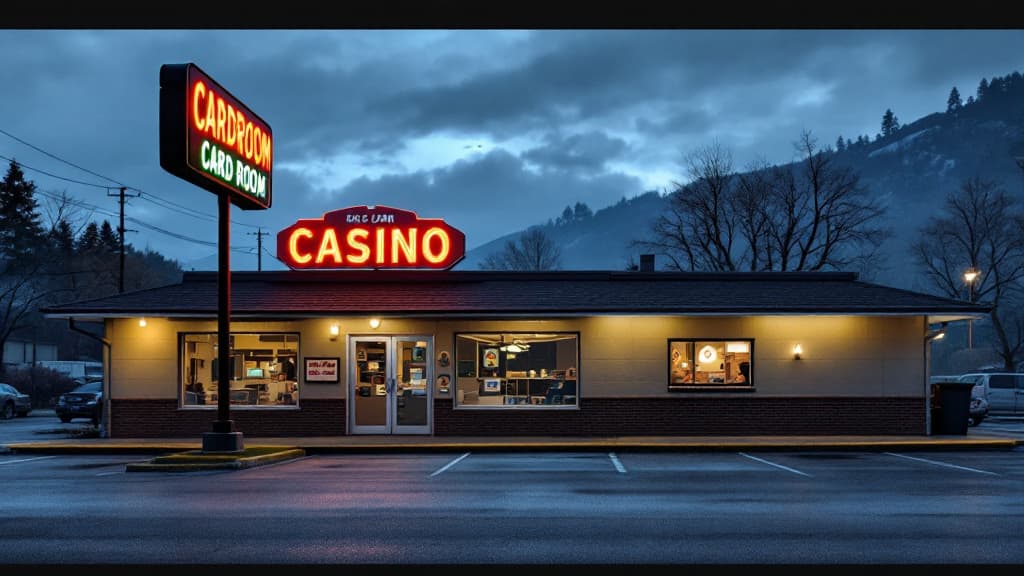 Exterior of a small local cardroom casino at dusk, representing the uncertain future of Tri-City casinos